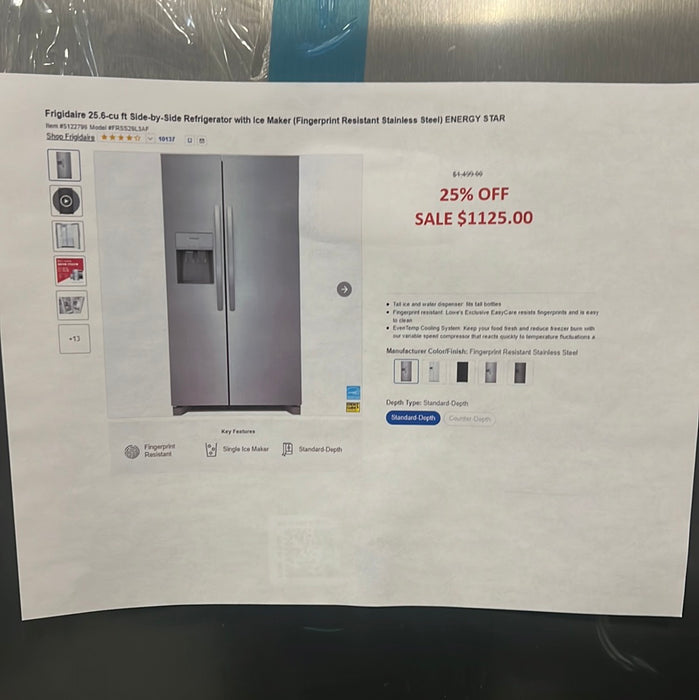 Frigidaire 25.6 cu ft side by side with Ice maker